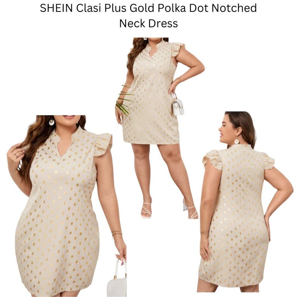 Plus Gold Polka Dot Notched Neck Dress  Apricot/3XL(18)